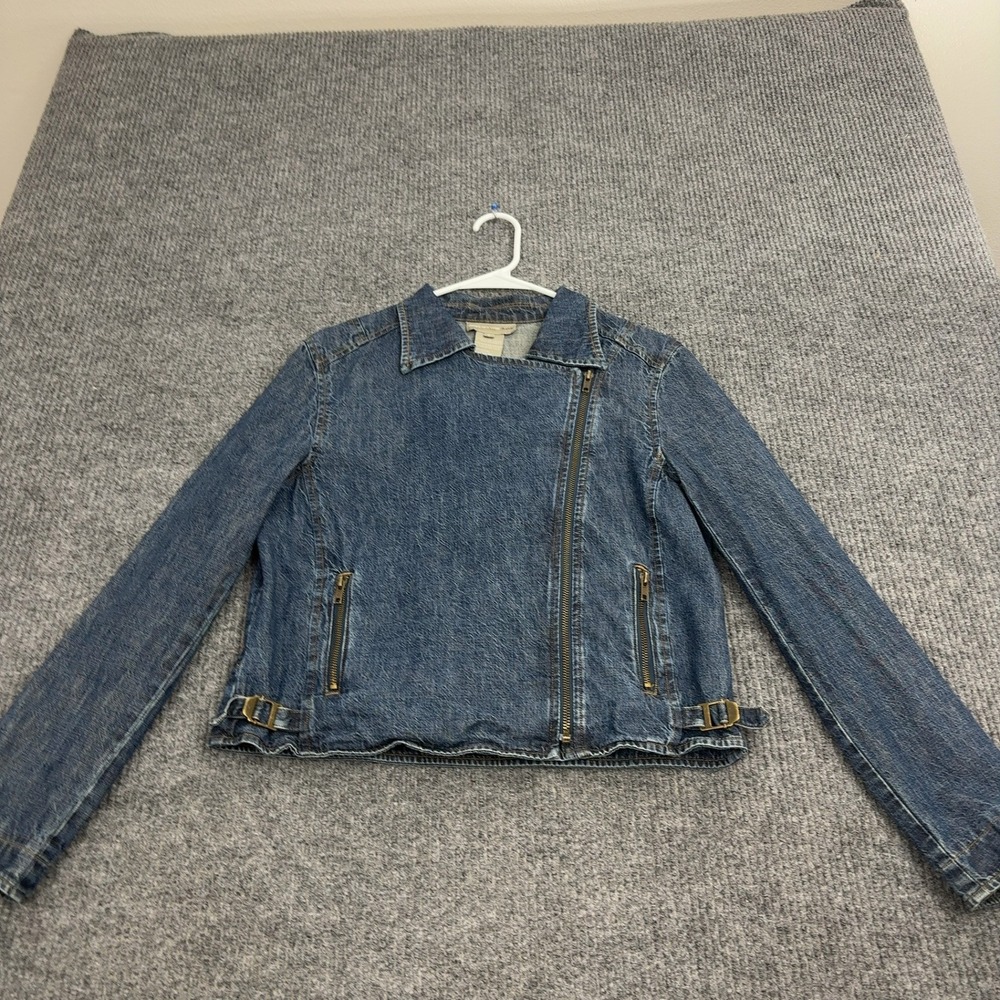Jones New York Jeans Jacket Womens 8 Blue Denim Asymmetrical Zip Moto Biker